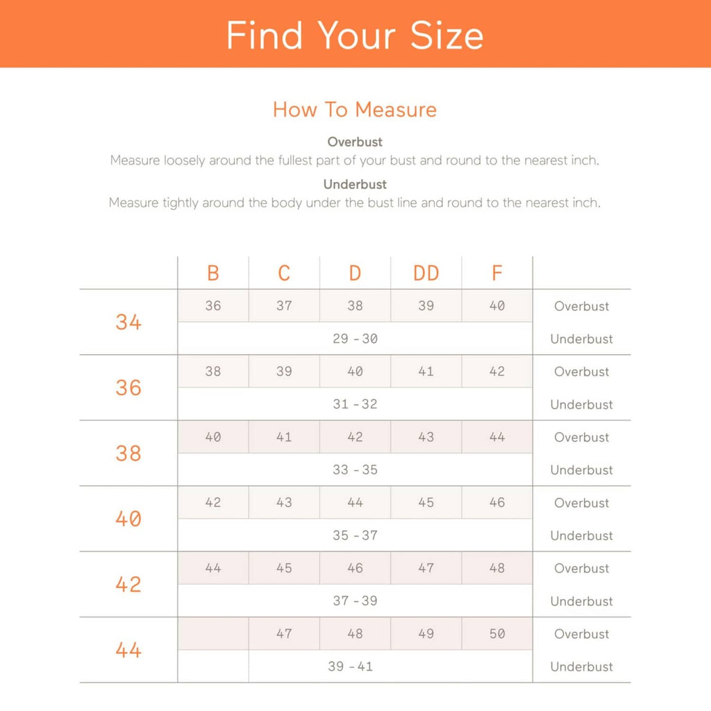 Bra size chart for band and cup measurements with underbust/overbust ranges