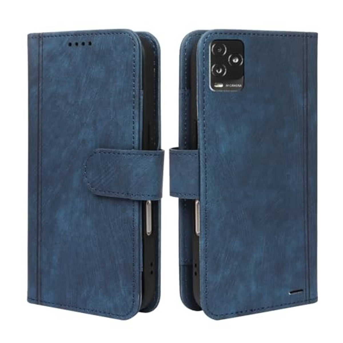 Blue dual-view phone wallet case front and back with magnetic flip cover