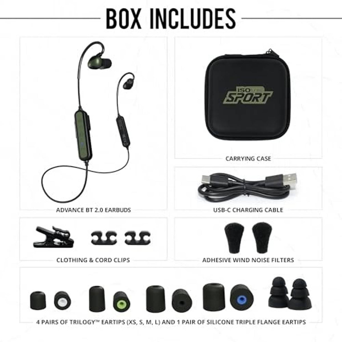 Shooting Bluetooth earbud kit: earbuds, carrying case, USB charging cable, filters, clips