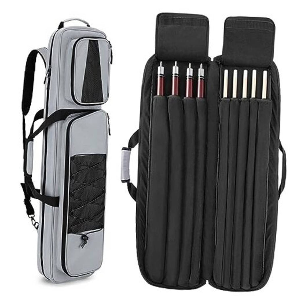 Grey pool cue case open with padded inner slots for cue sticks and compartments