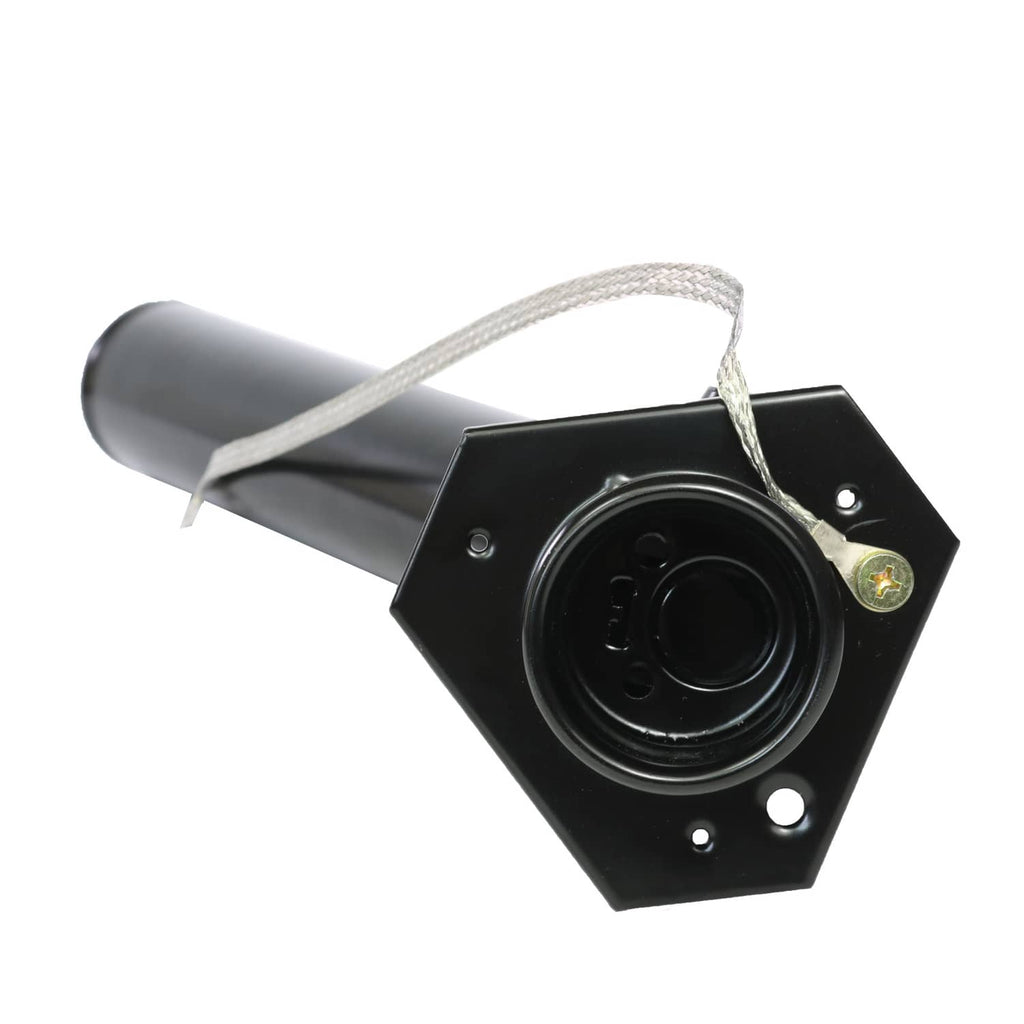 Fuel tank filler neck assembly with mounting plate, round filler opening, and tether cord