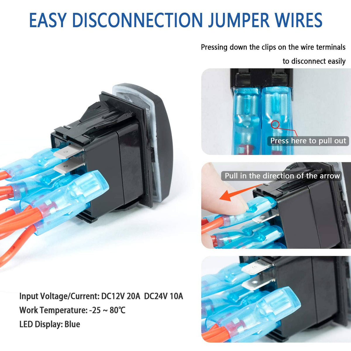 Rocker switch with blue insulated jumper wires for easy disconnect from terminals