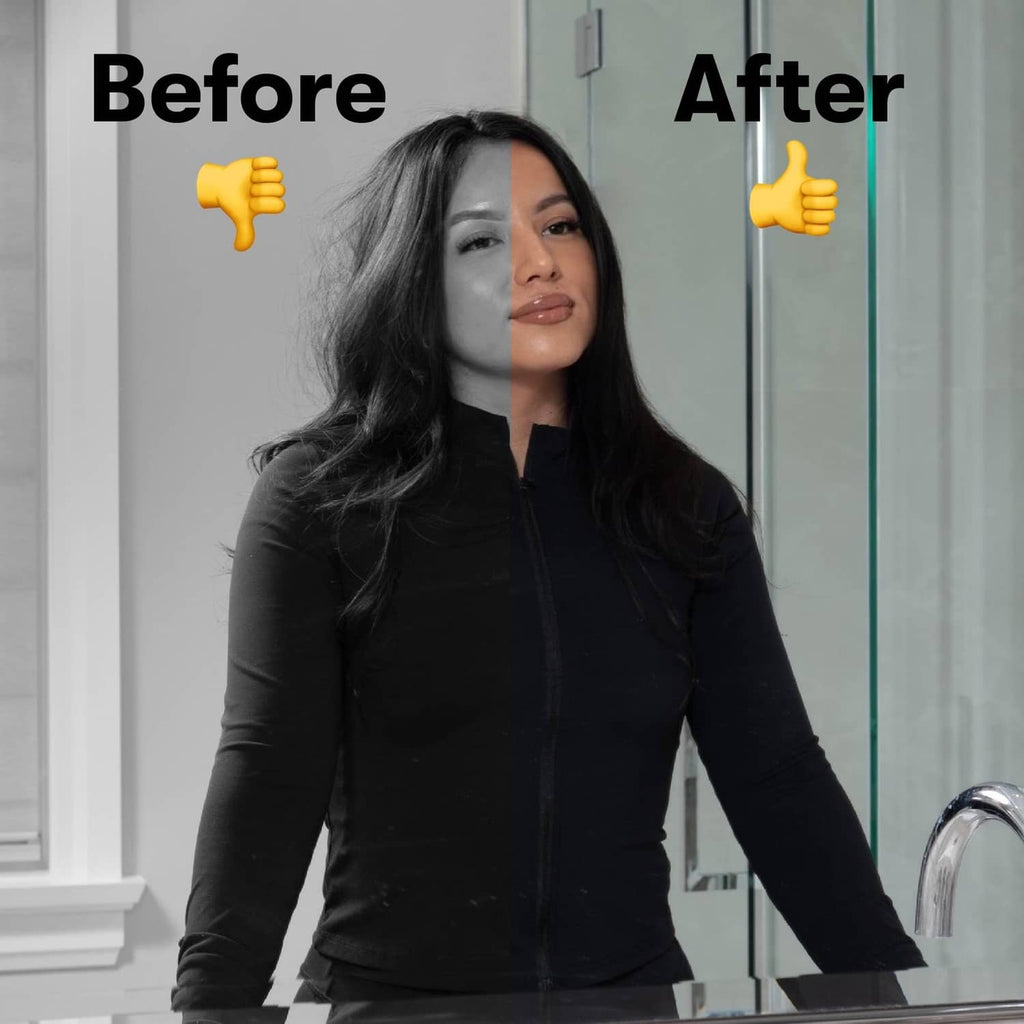 Detangling hair brush results shown on model with long dark hair, before and after