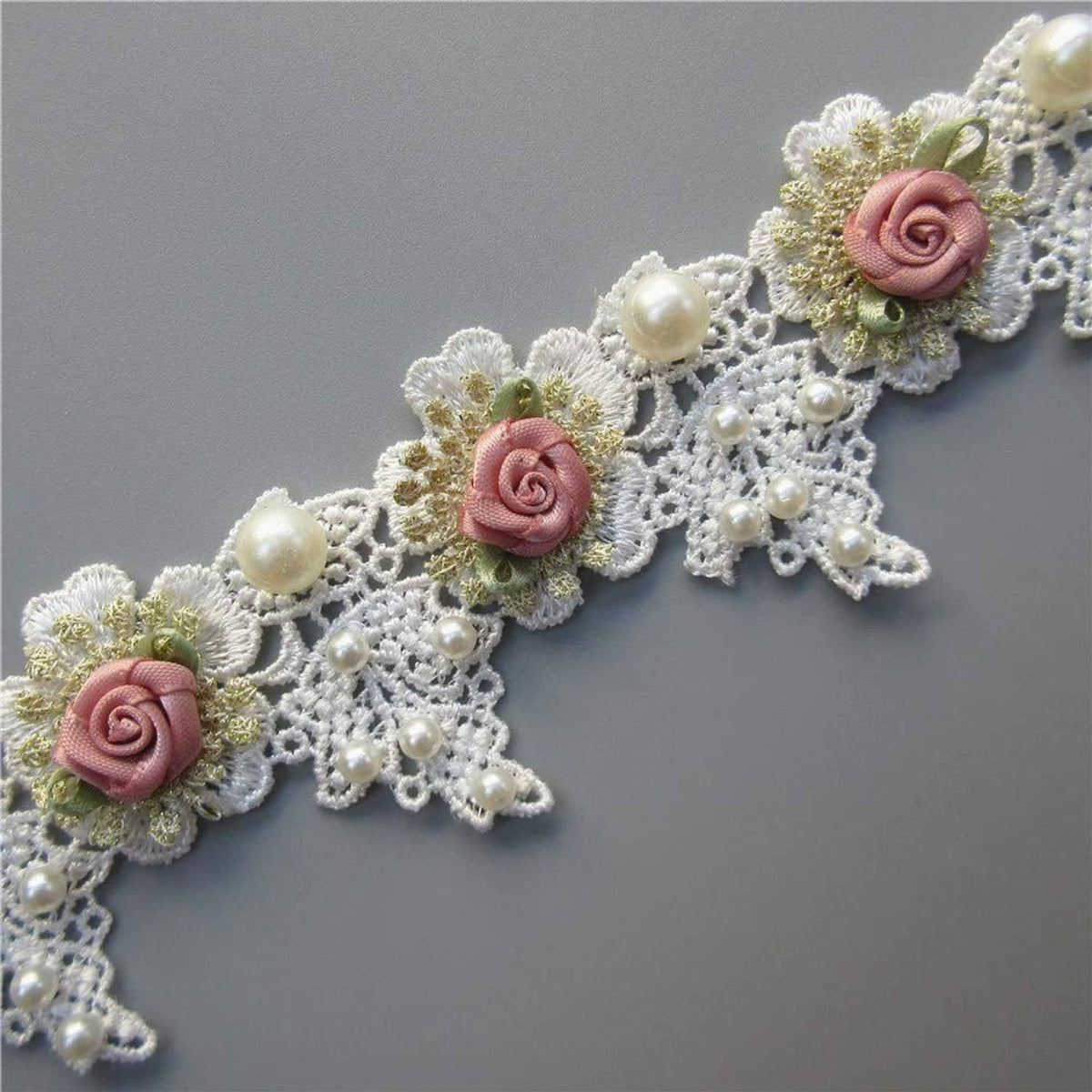 Embroidered lace trim with pink rose flowers and pearl beads