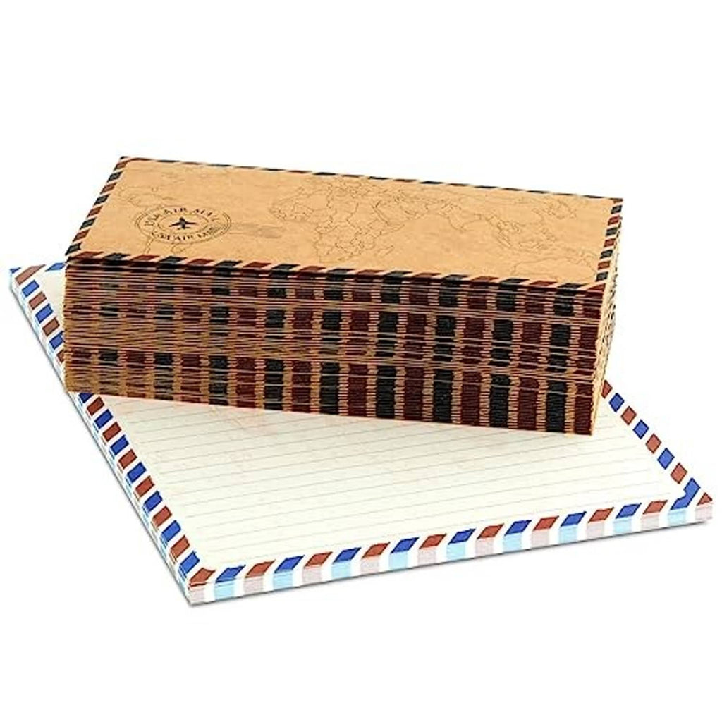 Stack of lined letter paper with brown envelope and striped wrapping trim