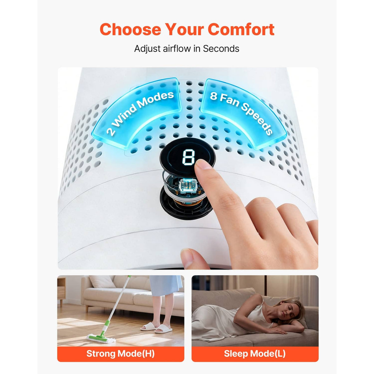 White bladeless tower fan top control panel with speed dial and buttons.