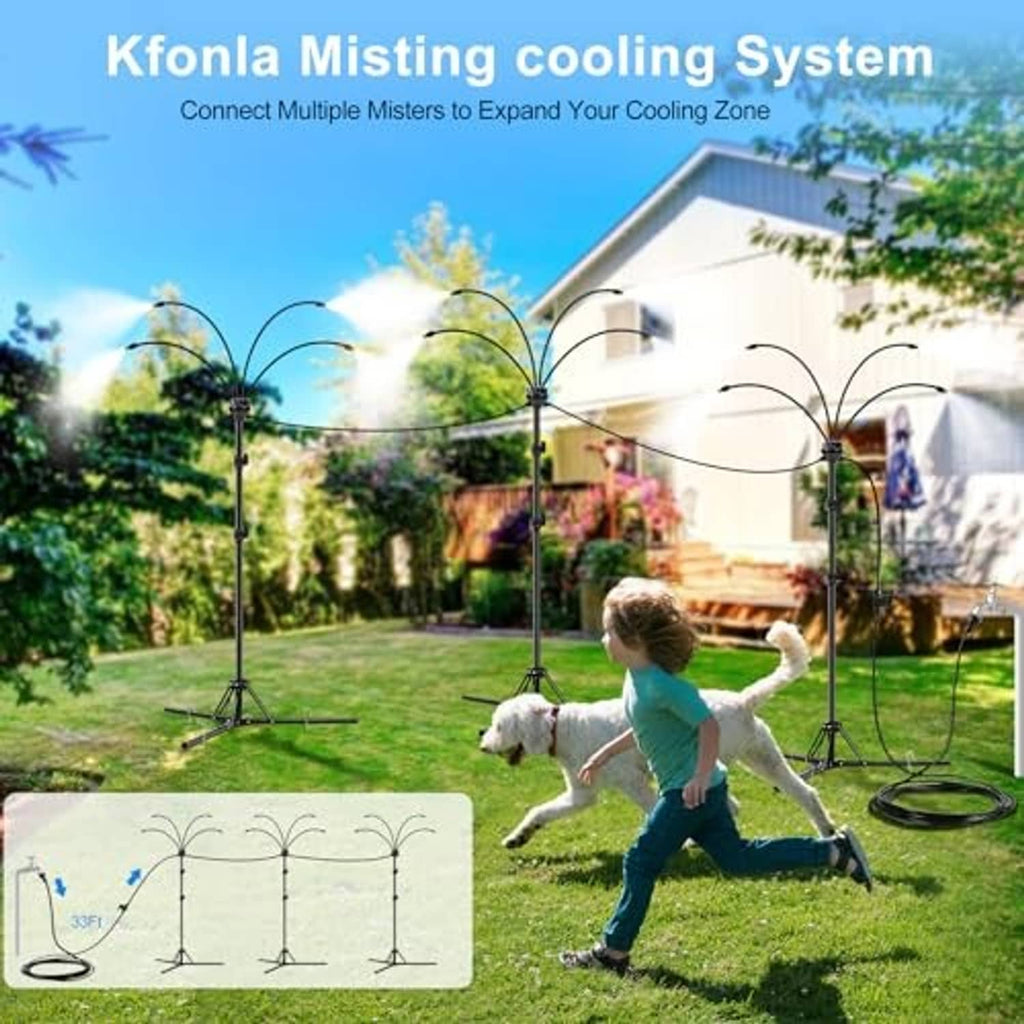 Two black tripod misting stands with flexible spray arms for expanded cooling