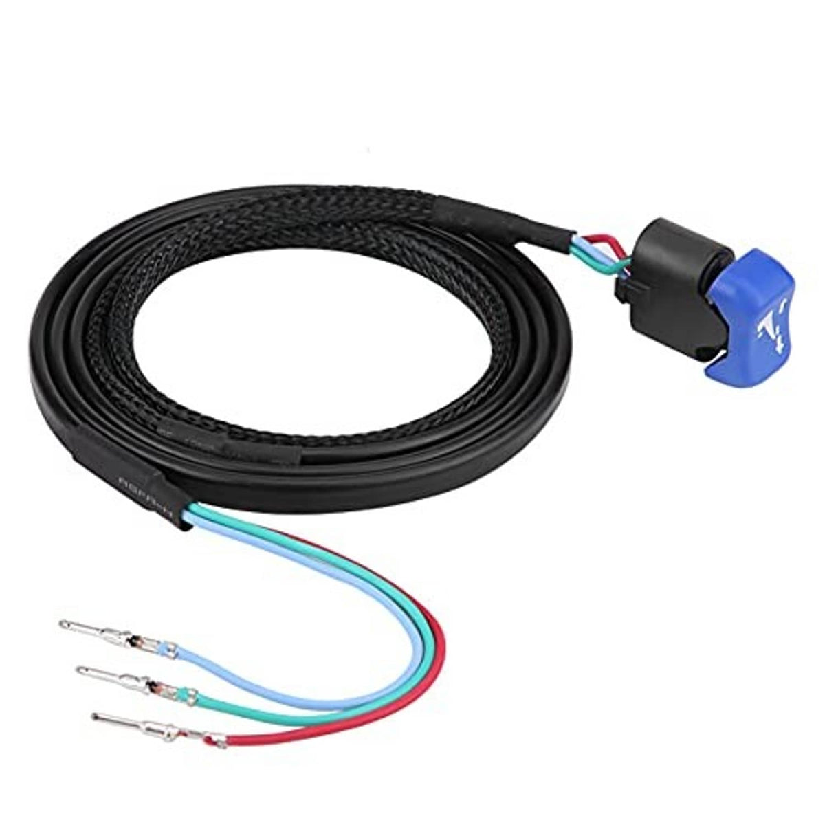 Power trim tilt switch wire harness kit with long black cable, blue switch, and crimp terminals