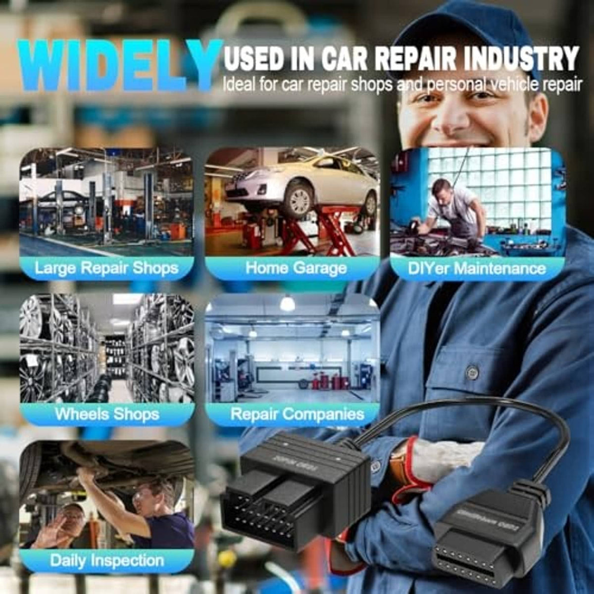 OBD1 to OBD2 adapter cable with black 20-pin and 16-pin diagnostic connectors