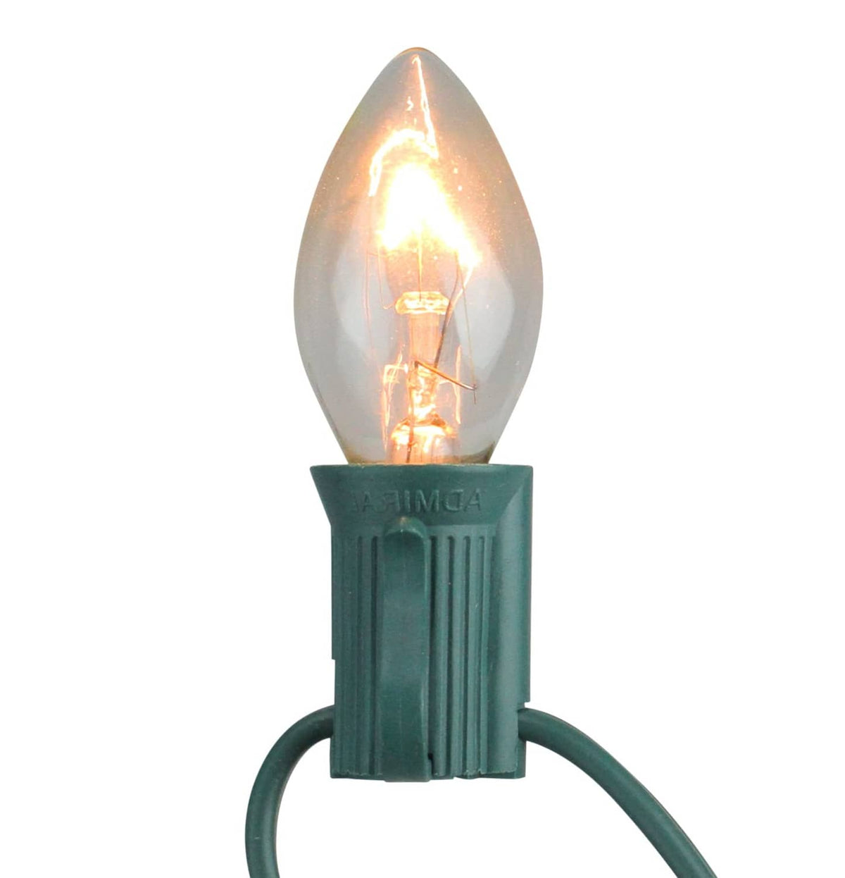 Lit candle-style C7 bulb with clear glass and green candelabra base