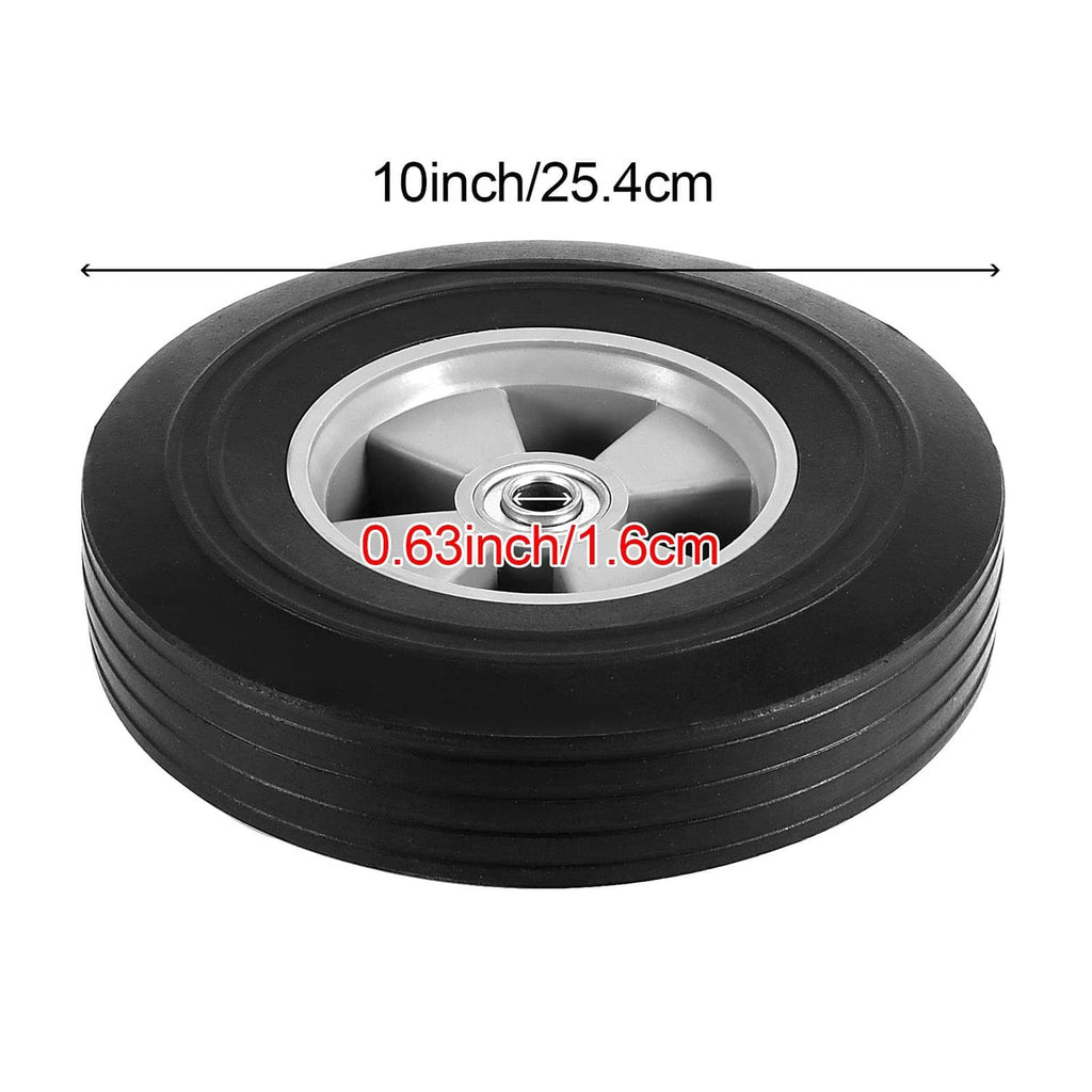 10-inch wheel with black rubber tire and silver spoke hub, close-up