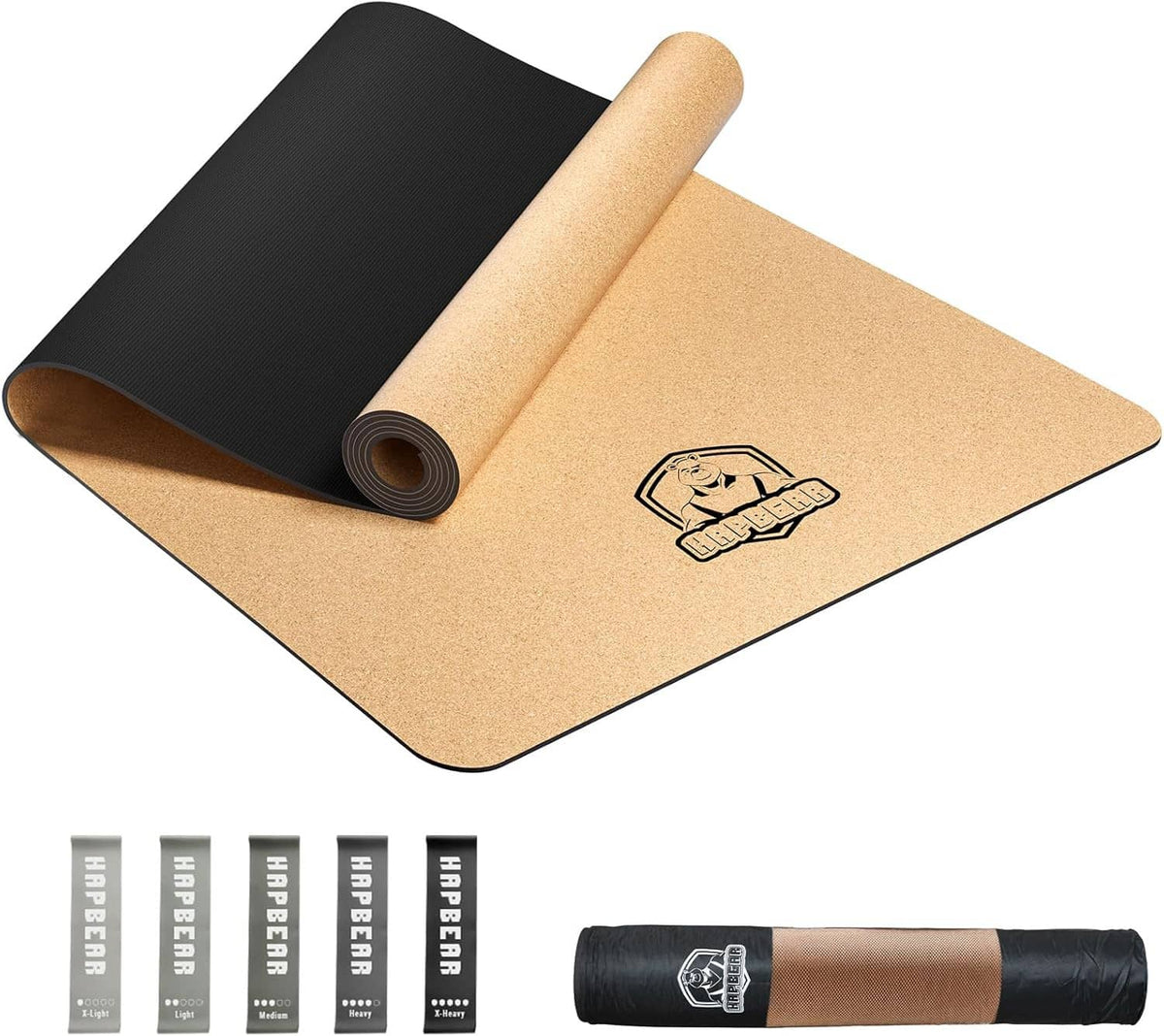 Large cork yoga mat with tan surface and black non-slip underside, rolled and flat
