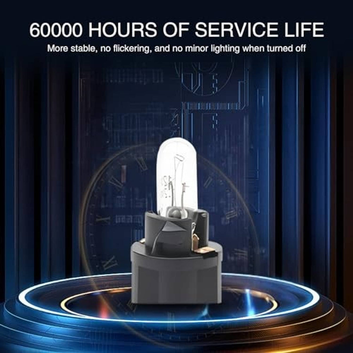 T5 halogen instrument bulb with clear glass lamp in black plastic holder, shown on glow platform