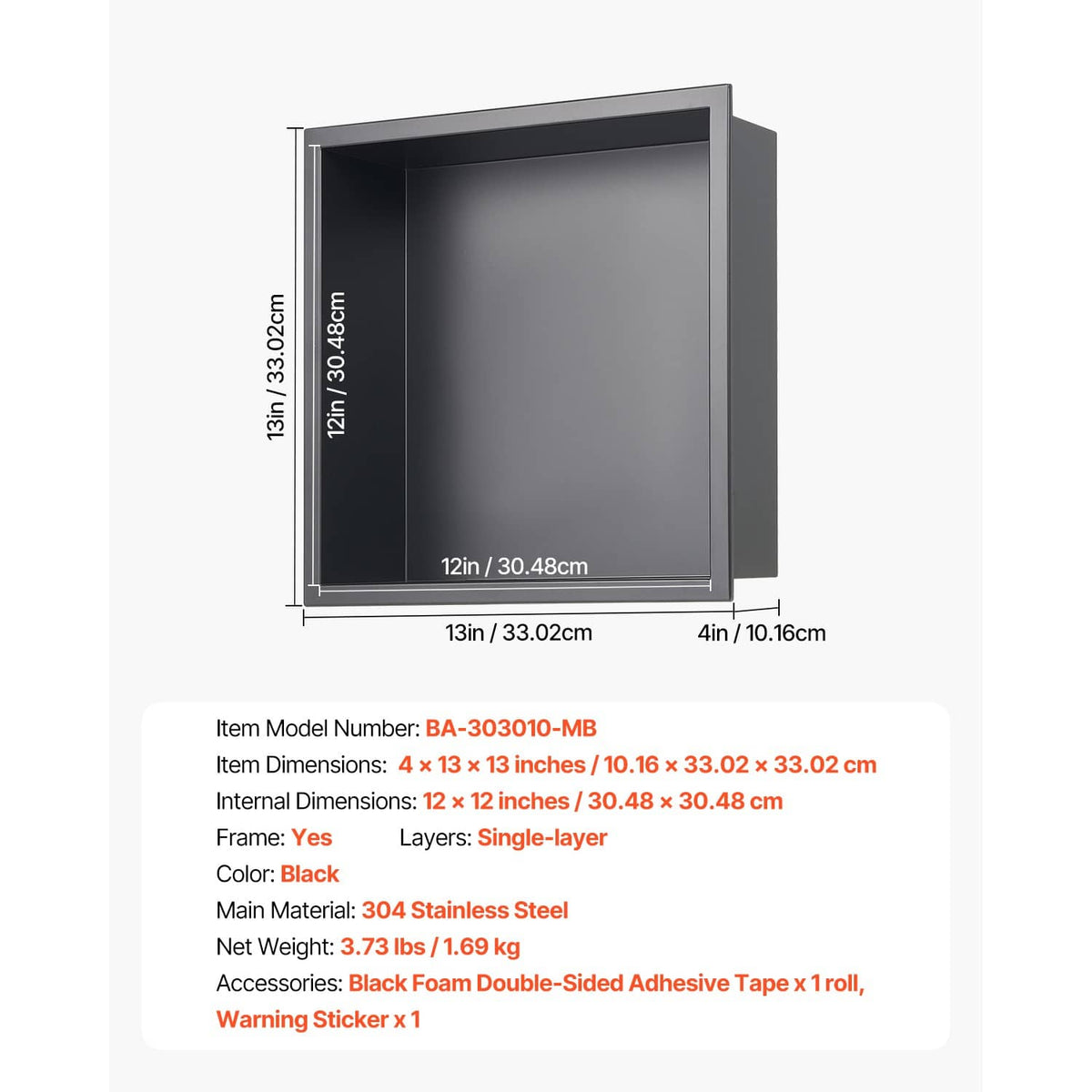 Black stainless recessed shower niche shelf dimensions, 13 x 13 x 4 inches