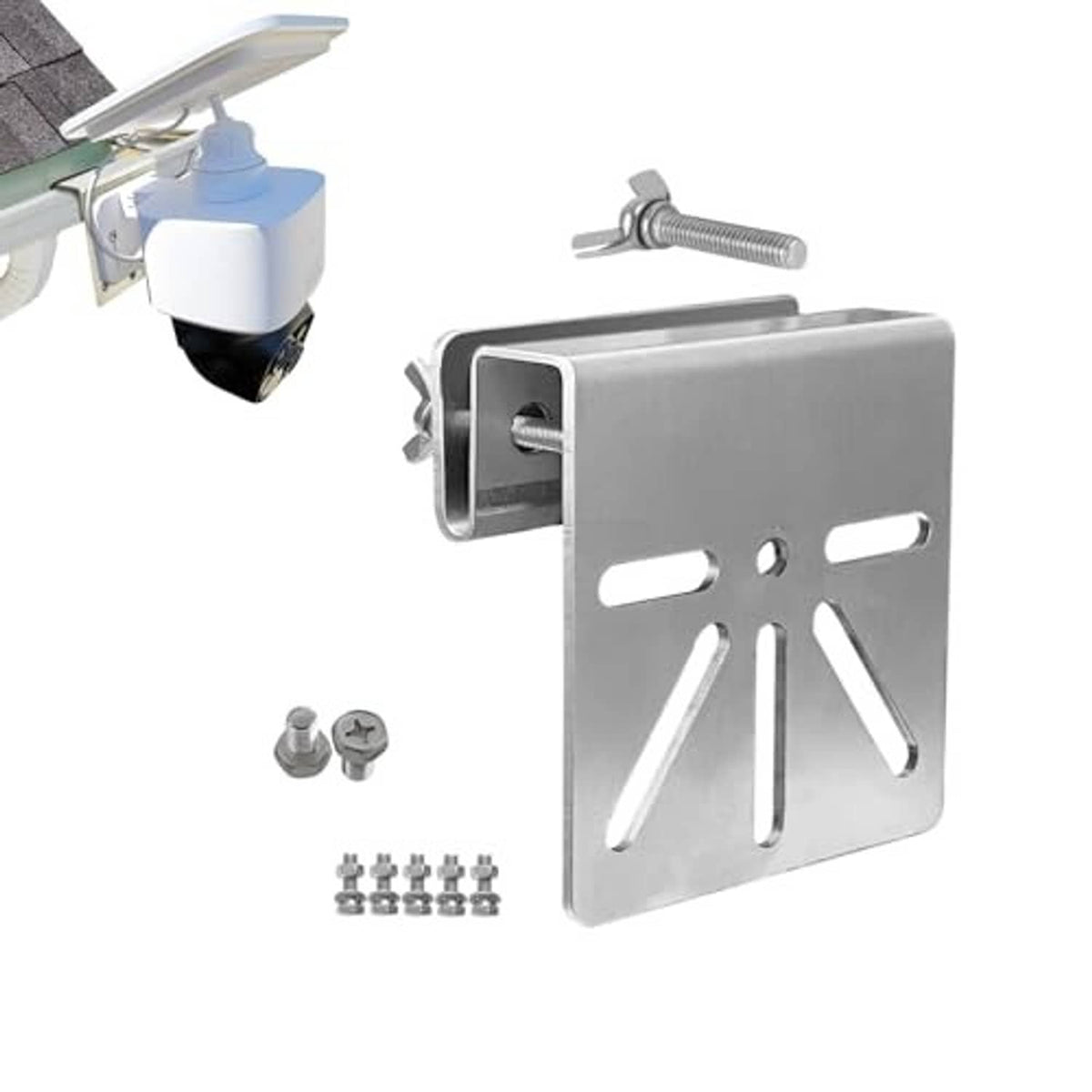 Stainless steel gutter camera mount bracket with side plates and mounting screws