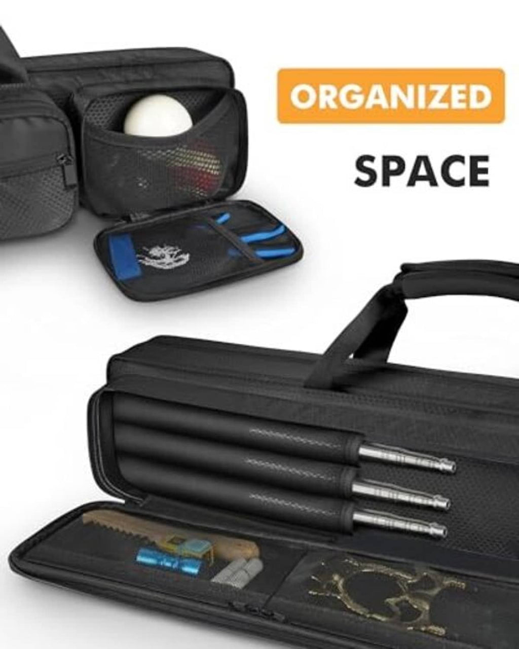 Black pool cue case with interior organizer pockets for cue accessories