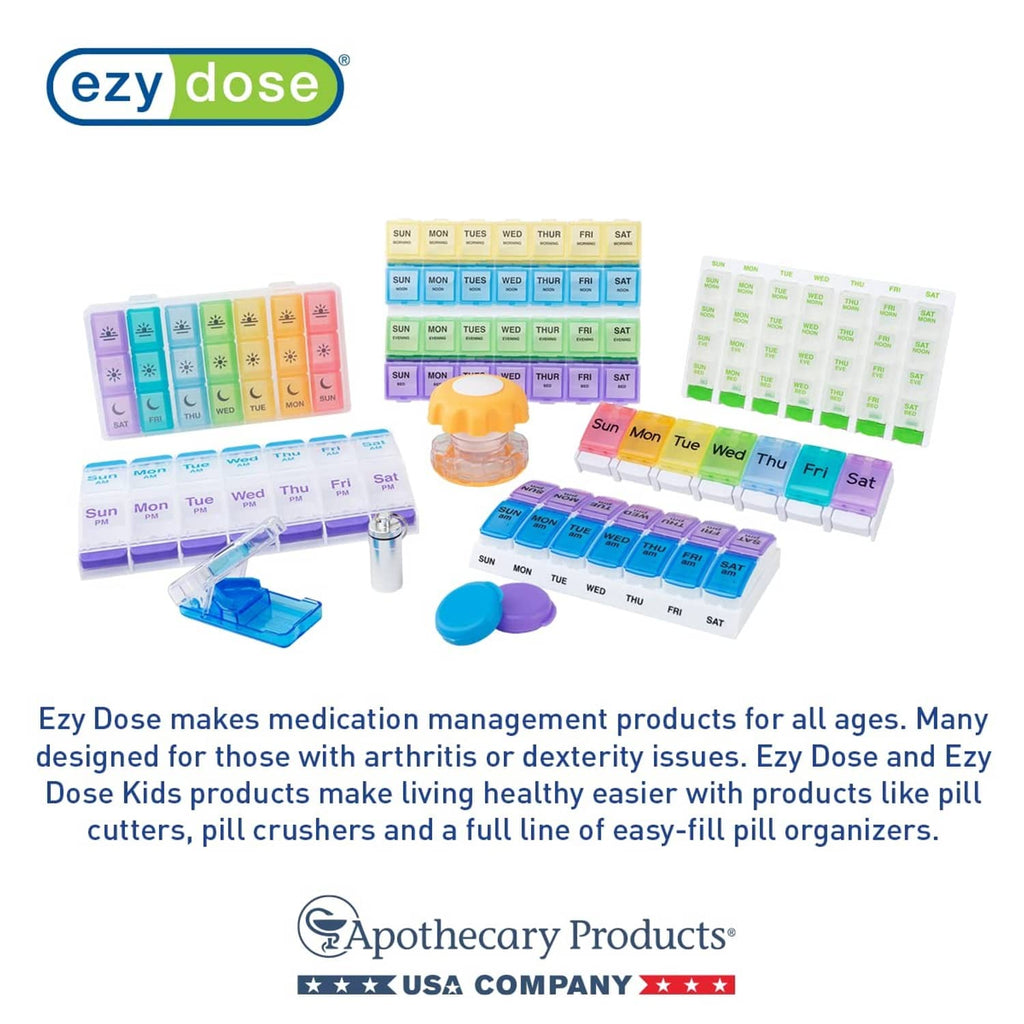 Medication management set with colorful pill organizers and crusher