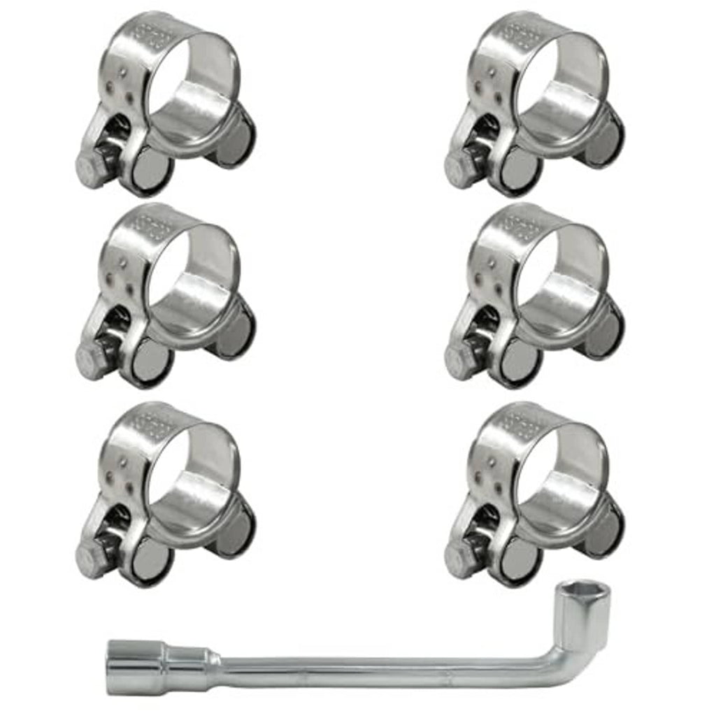 Stainless steel T-bolt hose clamp set with clamp heads and an L-shaped wrench