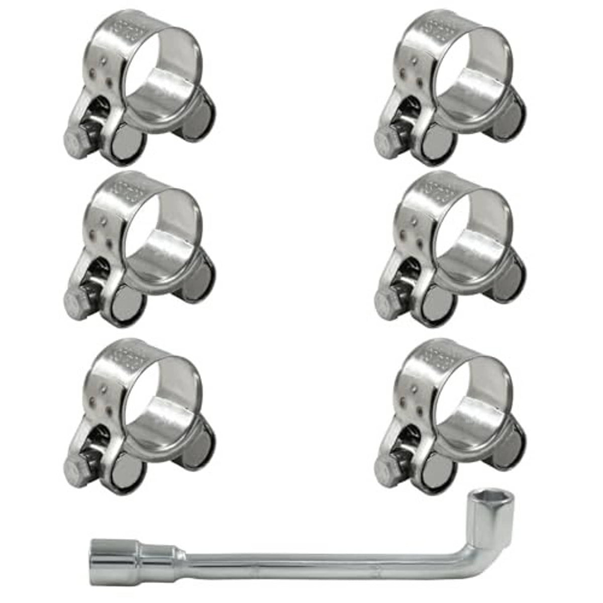 Stainless steel T-bolt hose clamp set with clamp heads and an L-shaped wrench