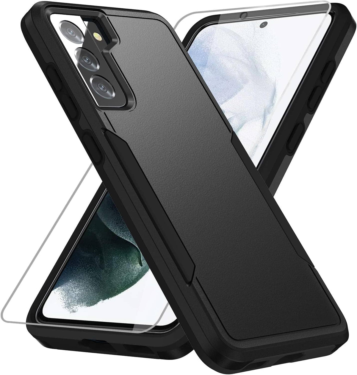 Matte black rugged case with screen protector, dual-layer bumper around edges