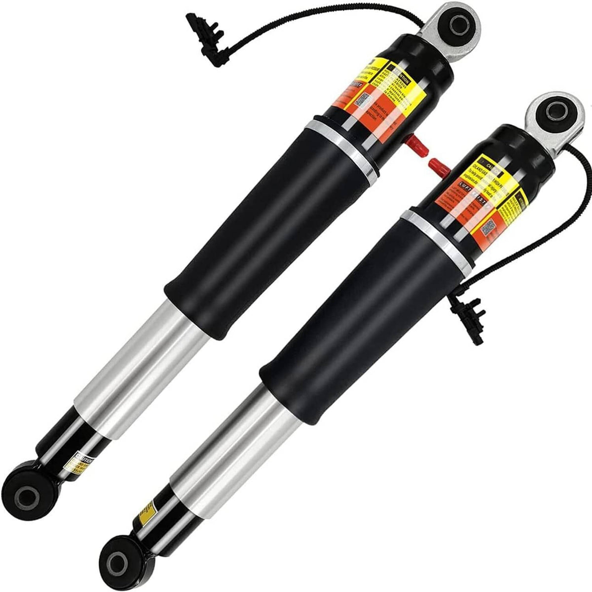 Pair of rear air shock absorbers with black bodies, silver rods, and top eye mounts