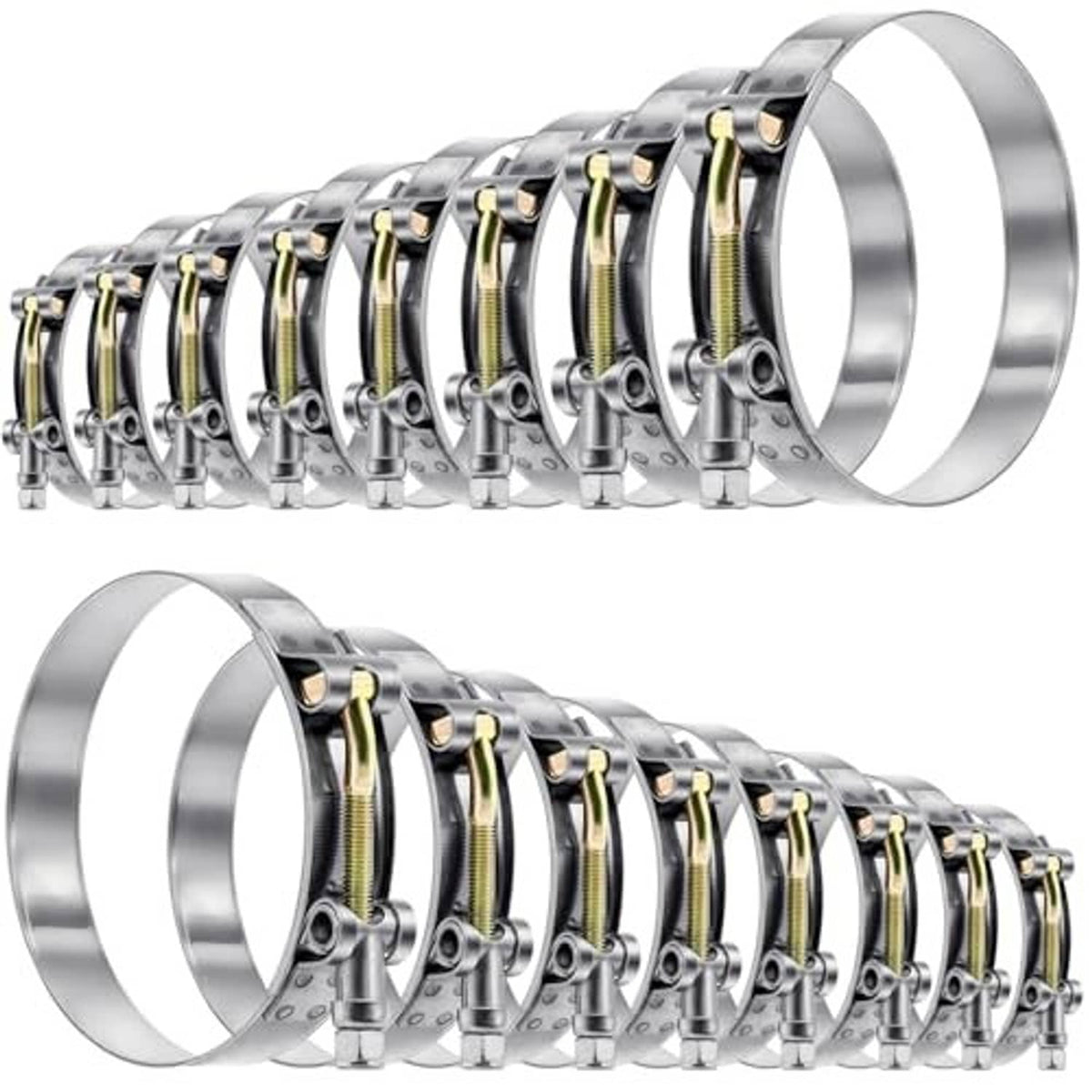 Set of stainless steel T-bolt hose clamps with gold bolts and black band inserts