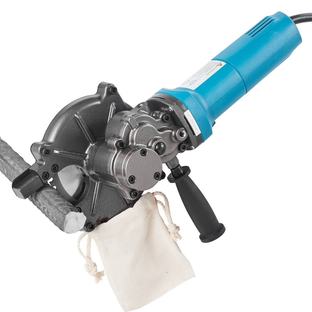 Handheld electric rebar cutter with cutting head, cord, and fabric dust bag