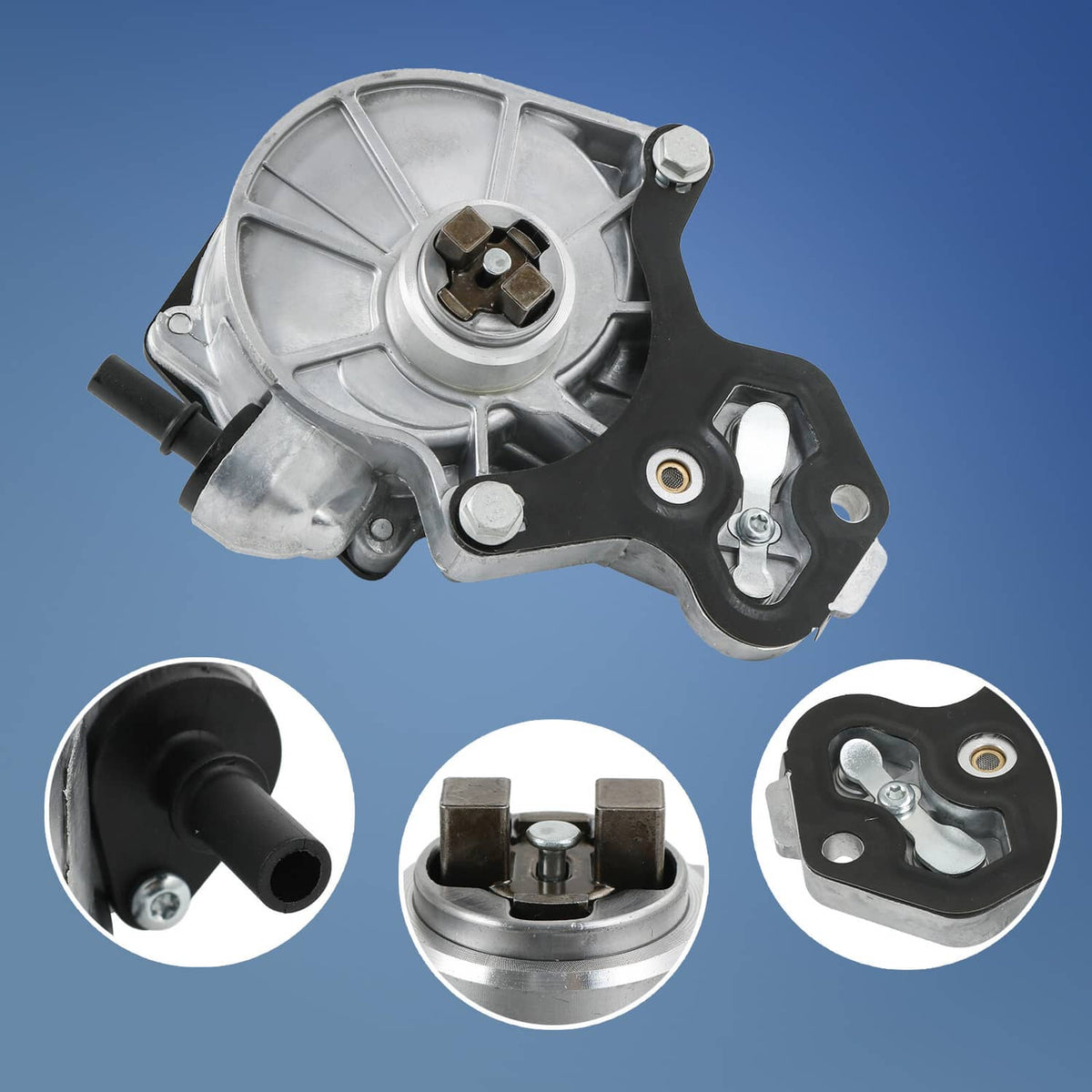 Brake vacuum pump with silver metal housing and black vacuum hose outlet