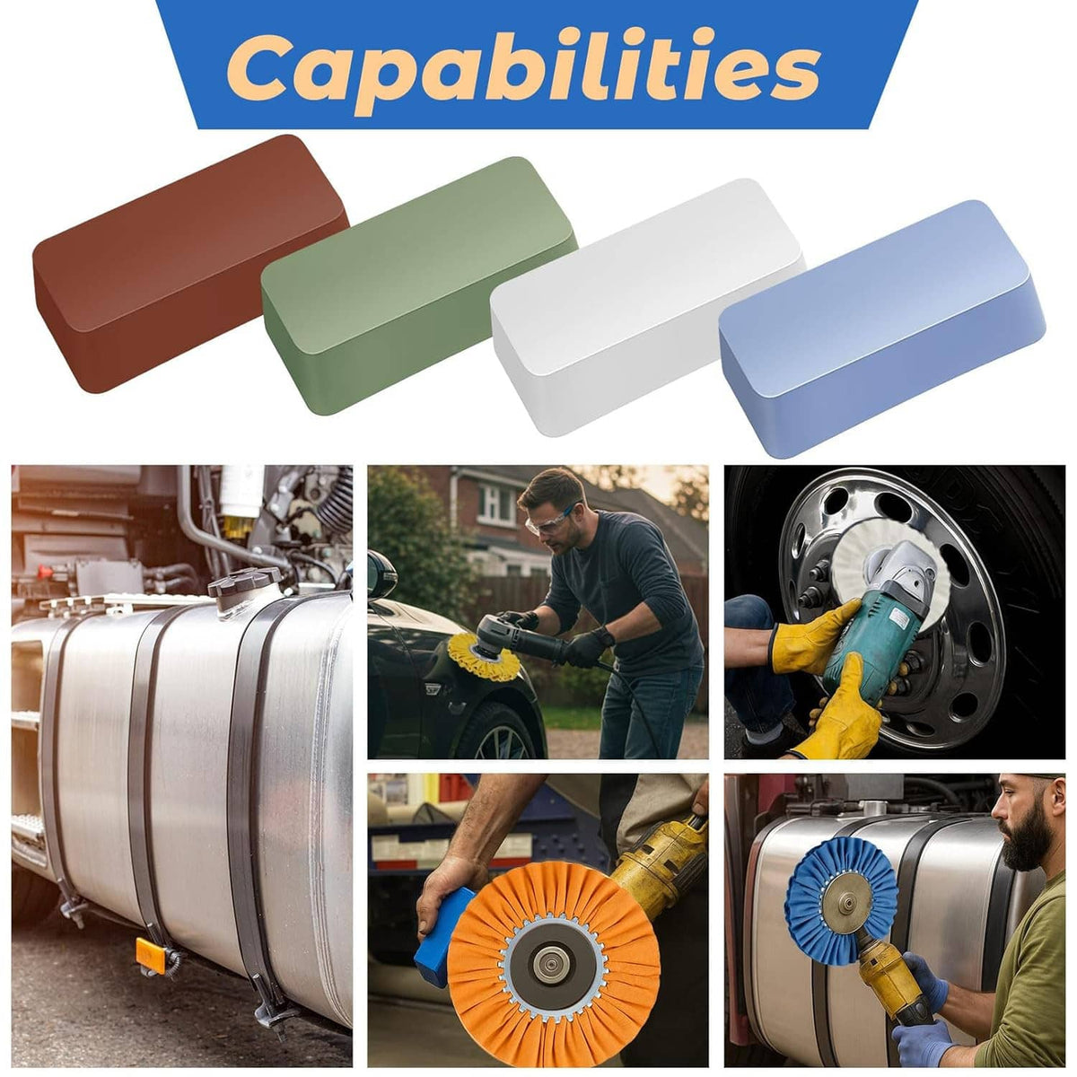 Polishing kit showing colored abrasive blocks and buffing wheels for vehicle and metal work