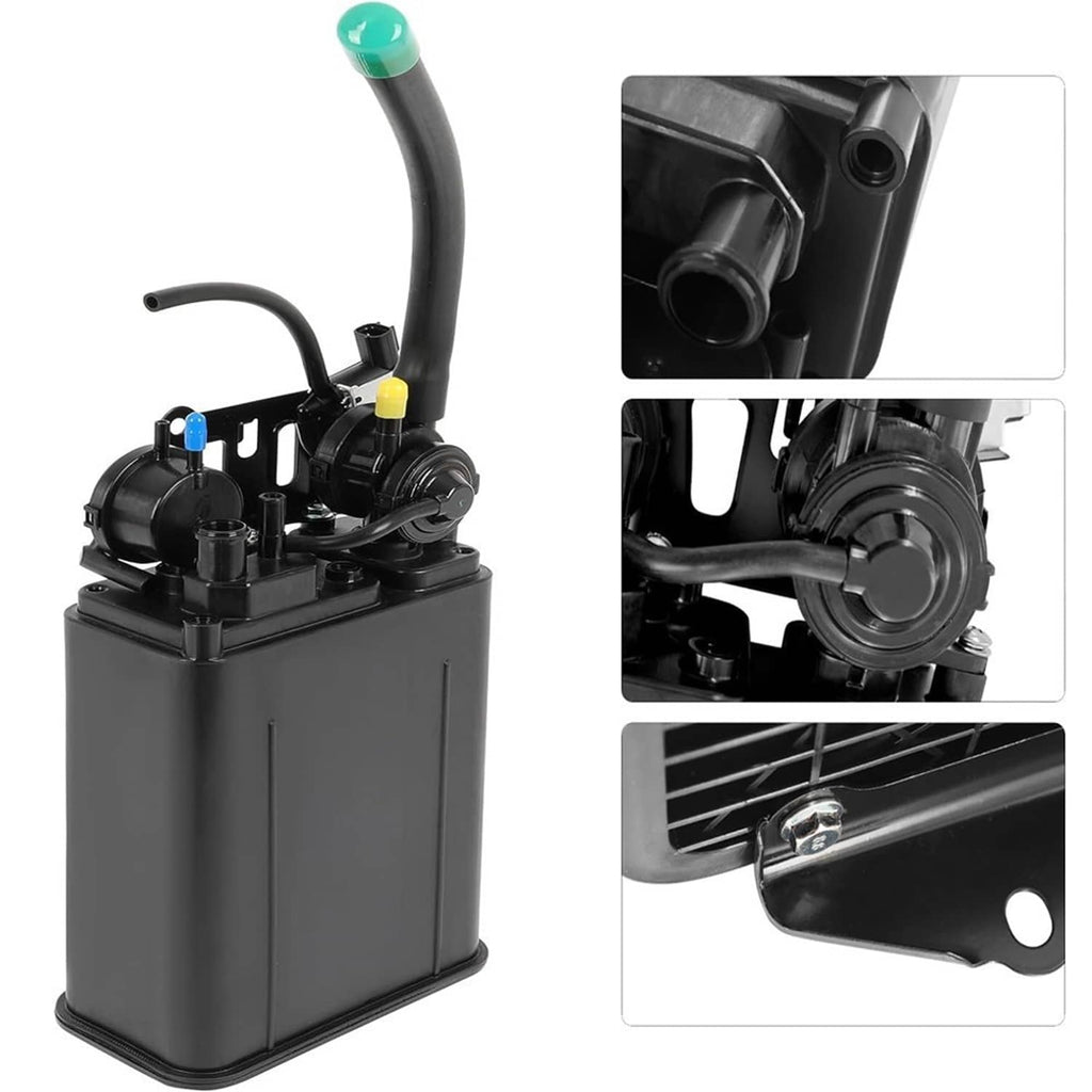 Fuel vapor charcoal canister with black housing, green-tipped hoses, and top valve fittings