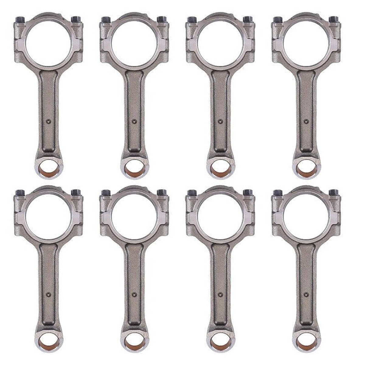 Set of 8 floating pin connecting rods, straight crank end with circular cap openings