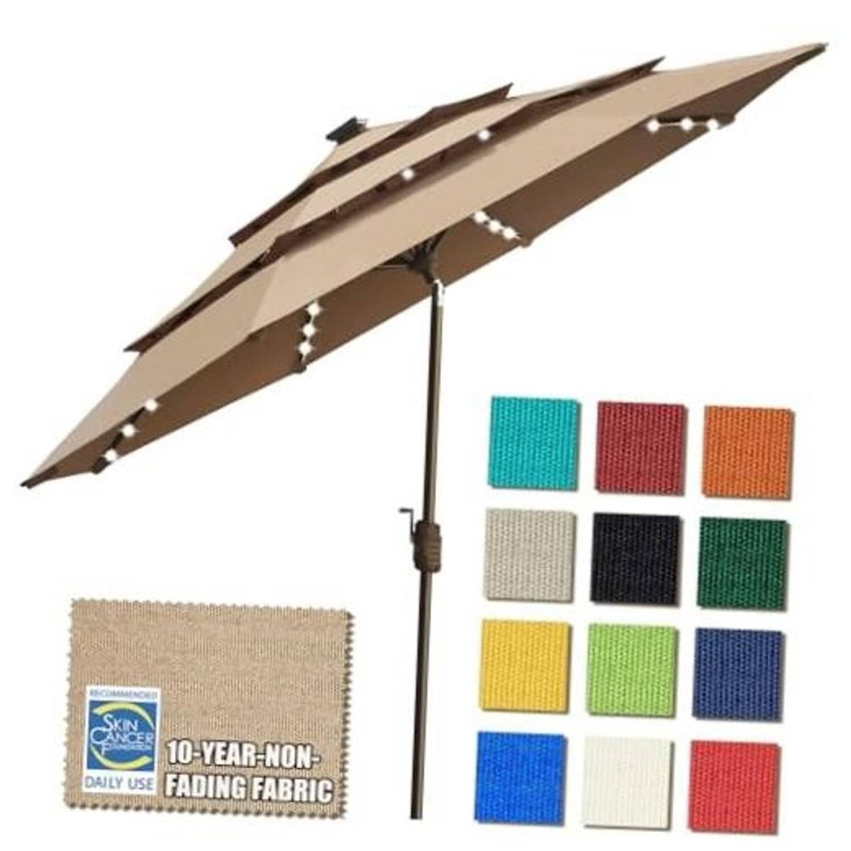 Heather beige outdoor patio market umbrella fabric sample with LED light feature swatches.