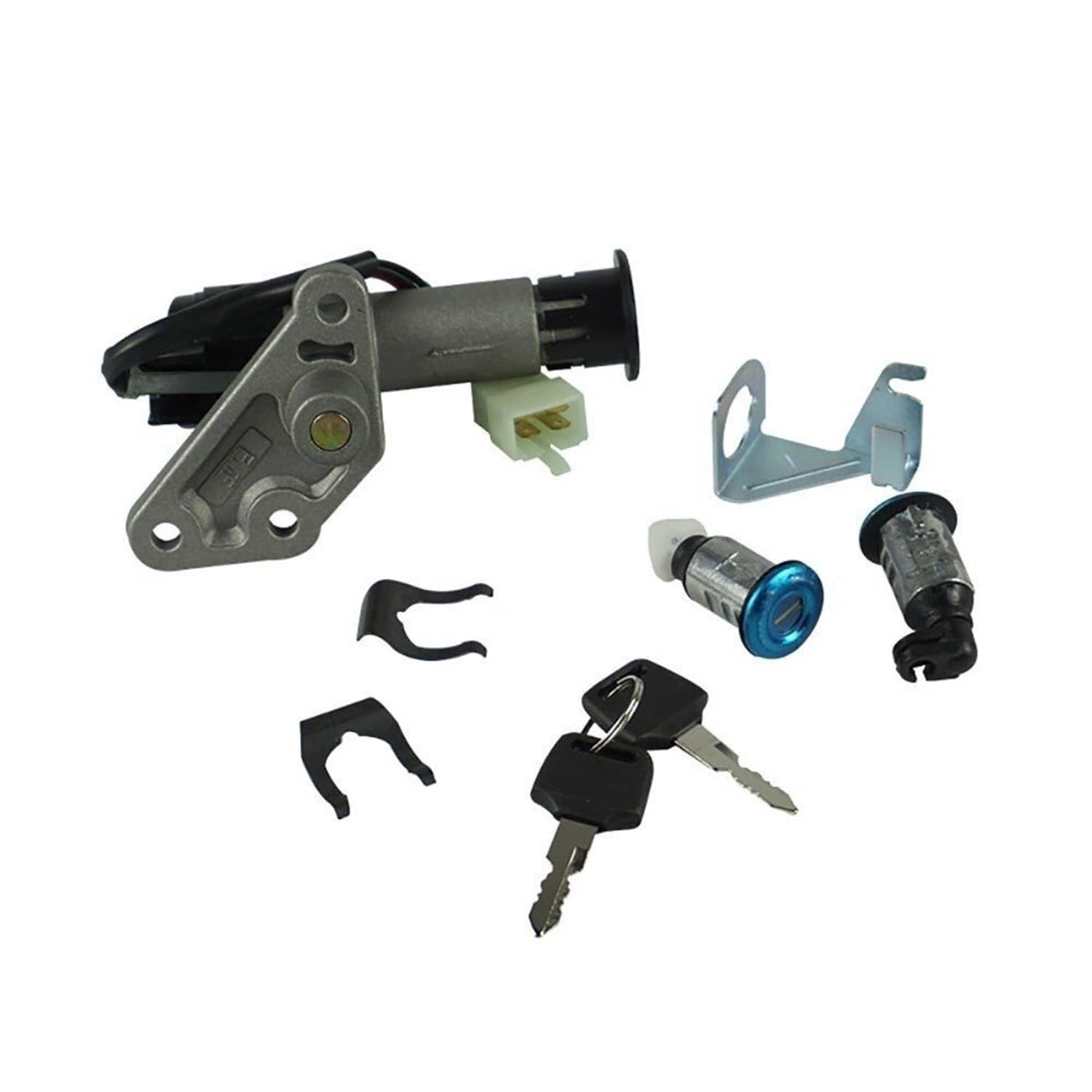 Ignition switch key lock set with cylinder, keys, wiring connector, and bracket