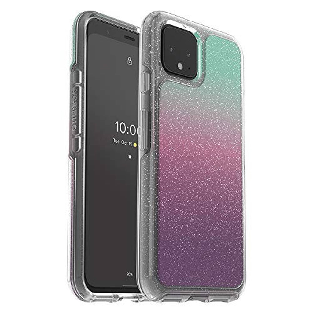 Google Pixel 4 clear phone case in gradient energy purple and teal, protective bumper