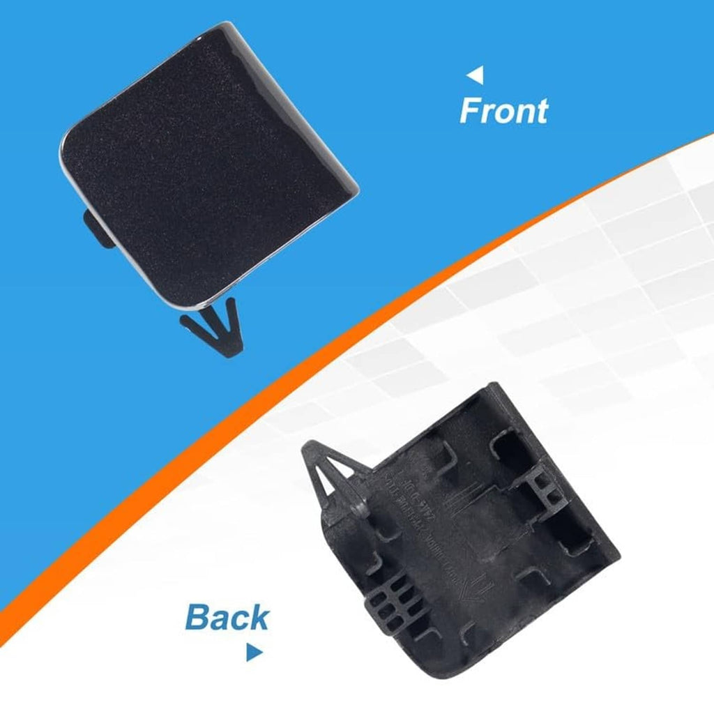 Black tow hook cover cap front and back views with mounting clips