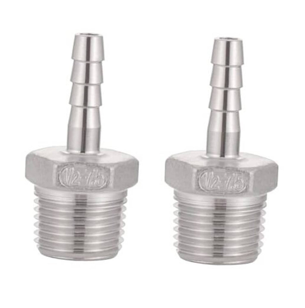 Stainless steel hose barb fitting with barbed ends and male NPT threads, hex body