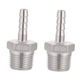 Stainless steel hose barb fitting with barbed ends and male NPT threads, hex body