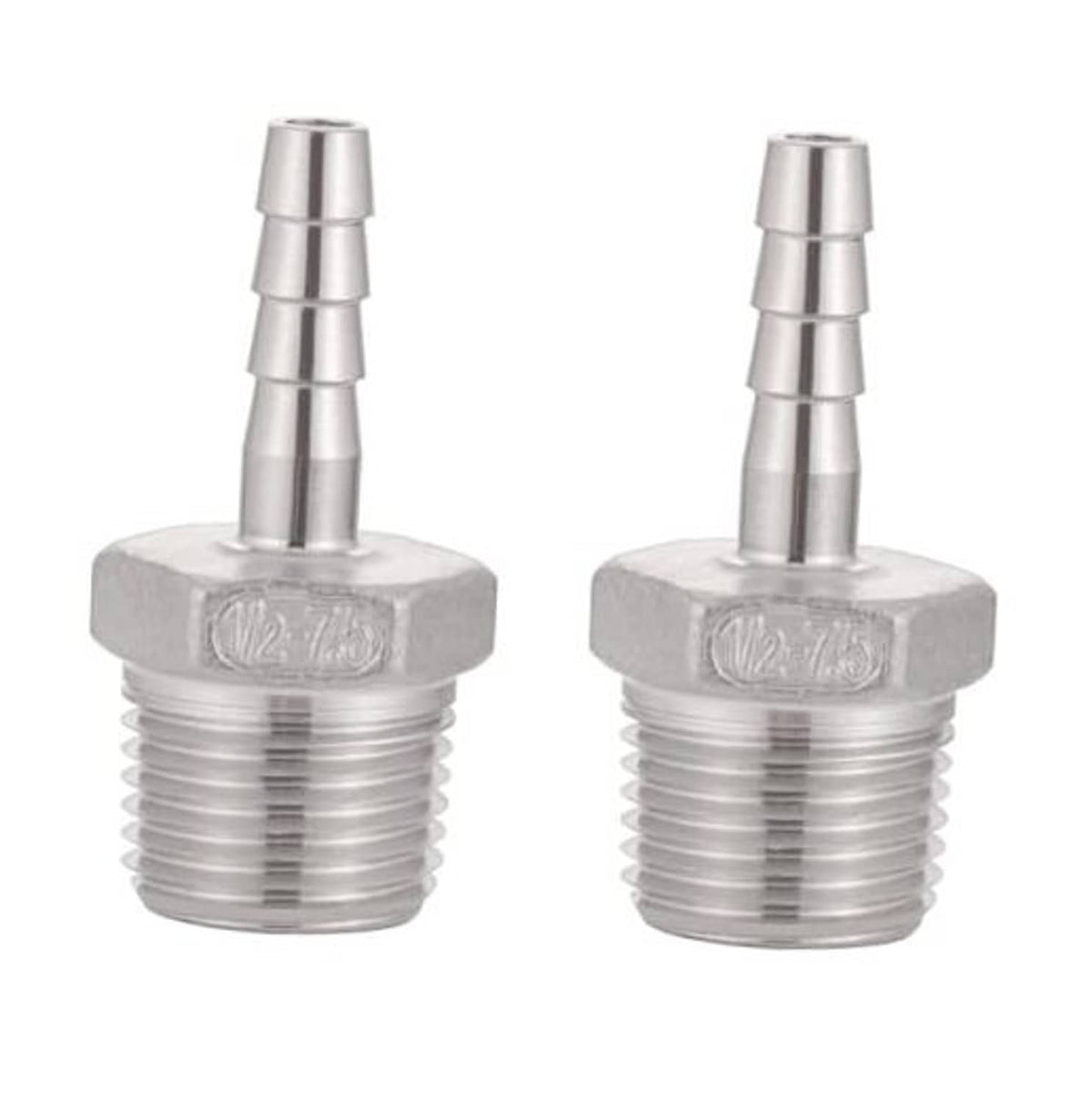 Stainless steel hose barb fitting with barbed ends and male NPT threads, hex body