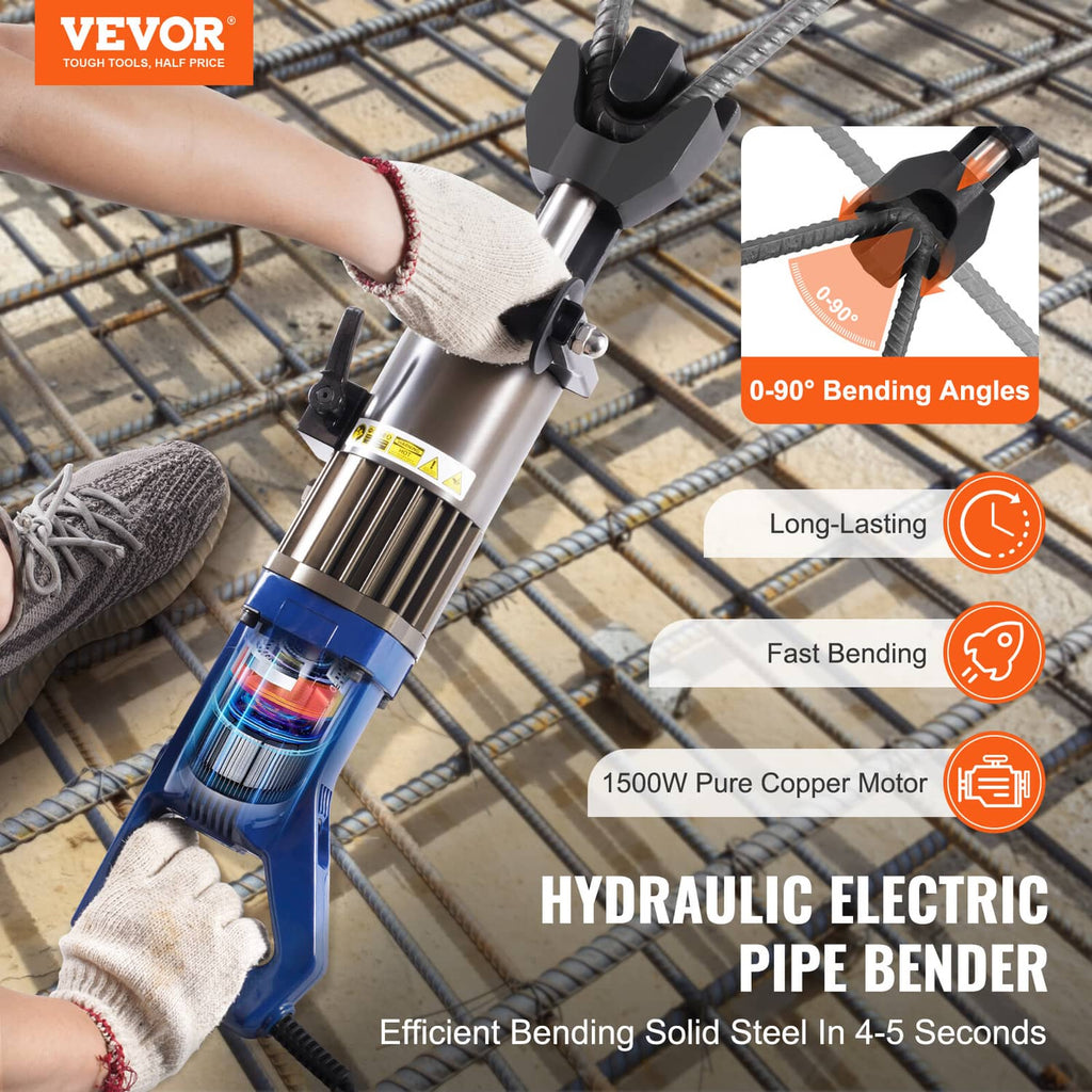 Hydraulic electric rebar bender held against rebar grid with gloved grip