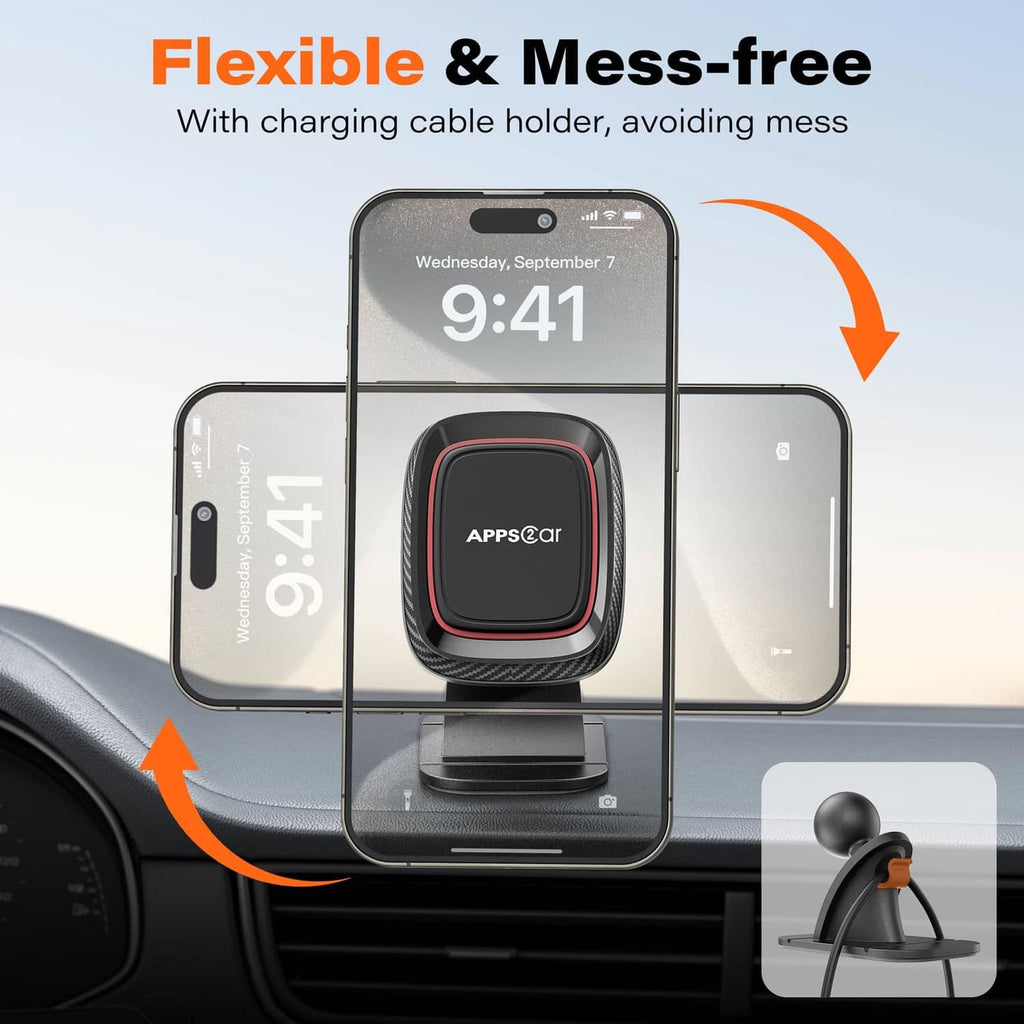 Black magnetic phone holder gripping a phone with red-trimmed magnetic face