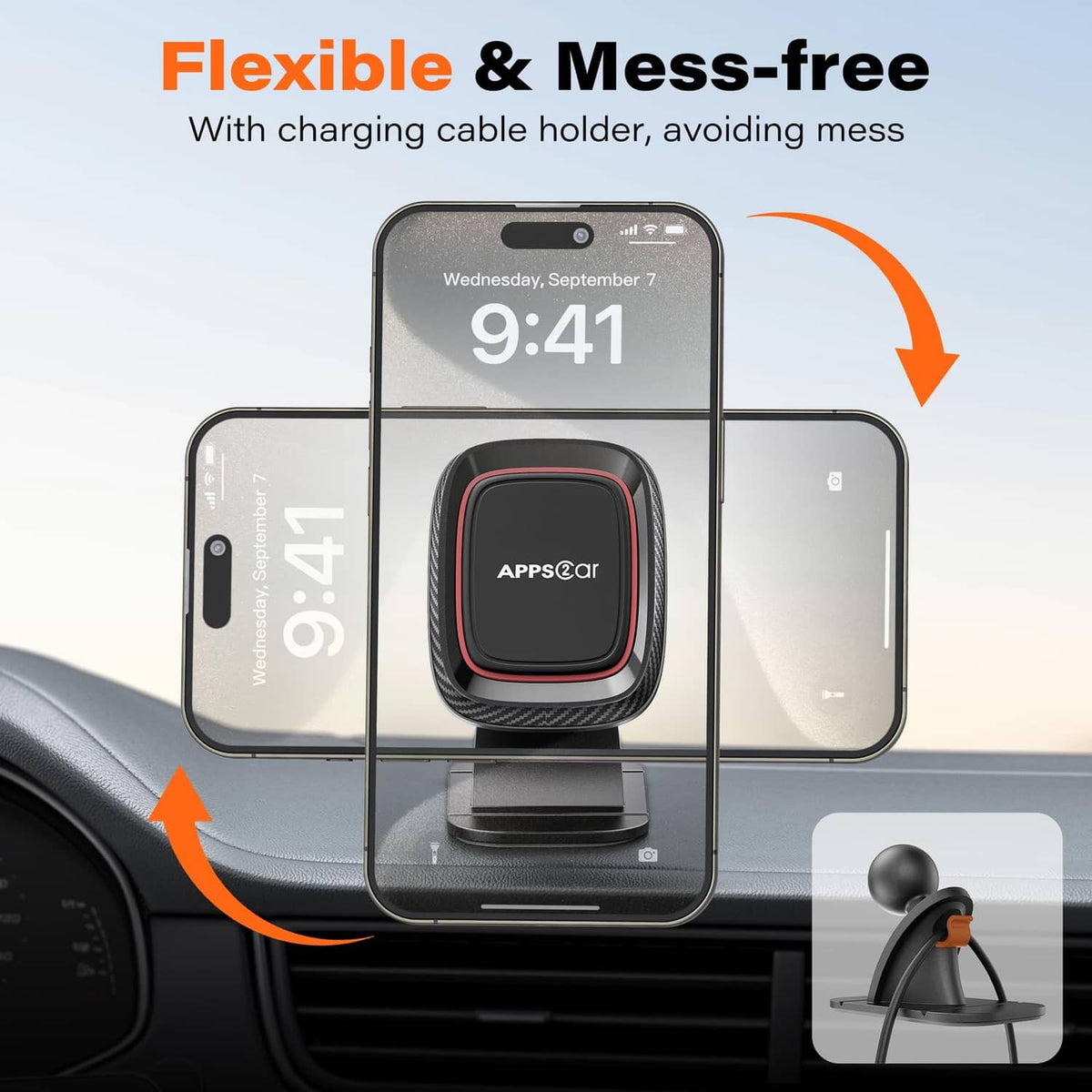 Black magnetic phone holder gripping a phone with red-trimmed magnetic face
