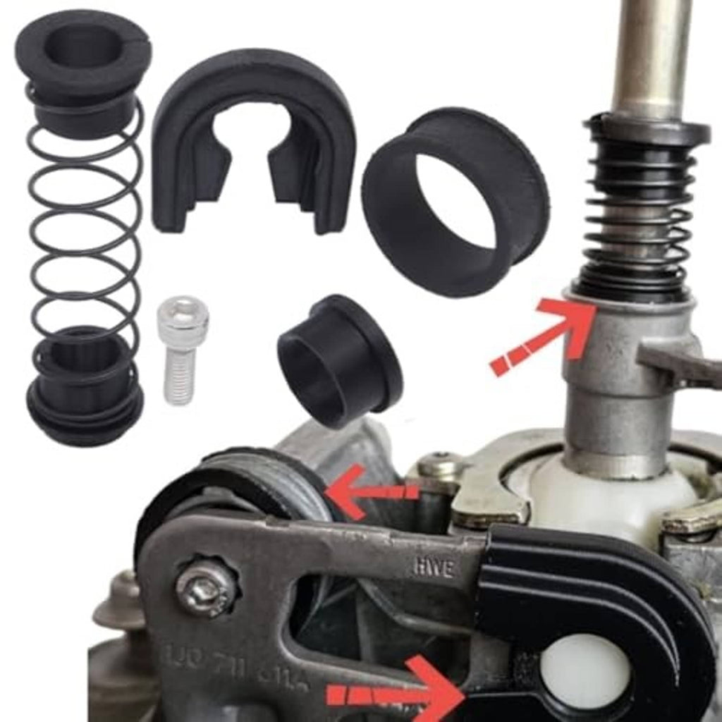 Manual shifter reverse lever repair kit: spring, U-bushing, sleeve, round boot, screw.