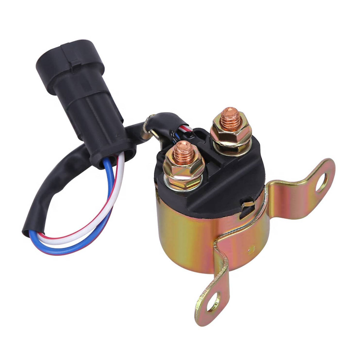 Starter relay solenoid with black wiring harness and mounting bracket, copper posts