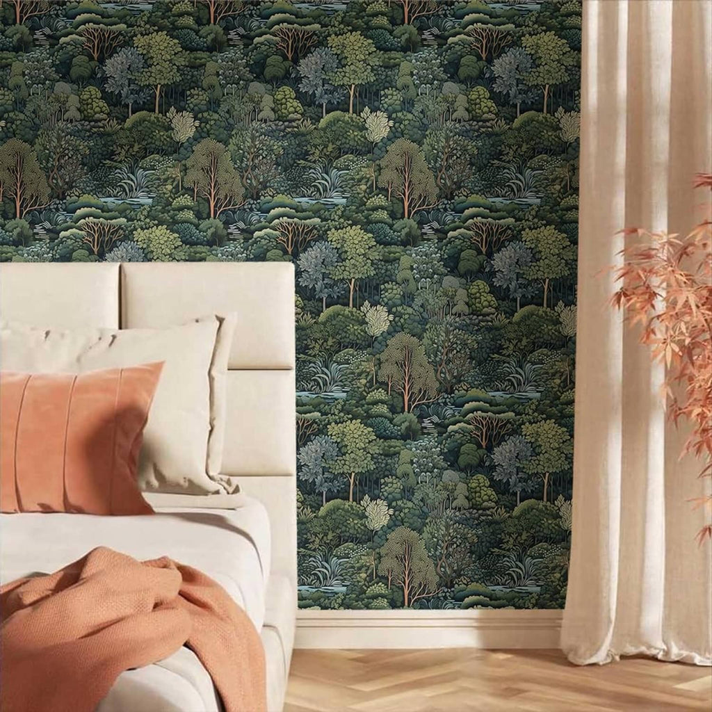 Green forest tree mural wallpaper on wall beside bed and a draped curtain