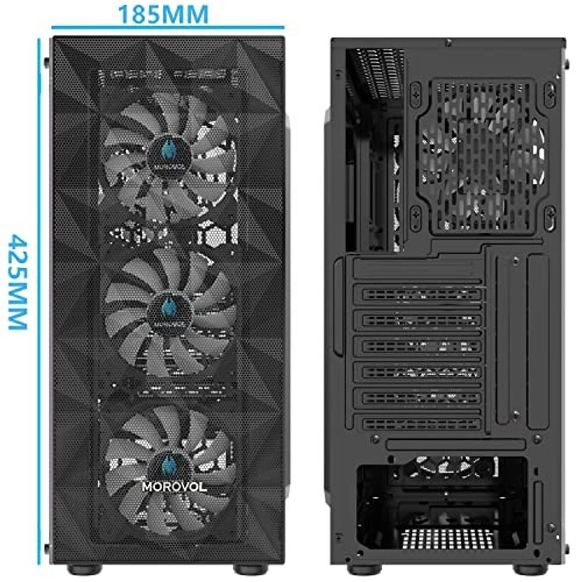 PC case front and rear panels shown, with RGB fan and vented rear expansion area