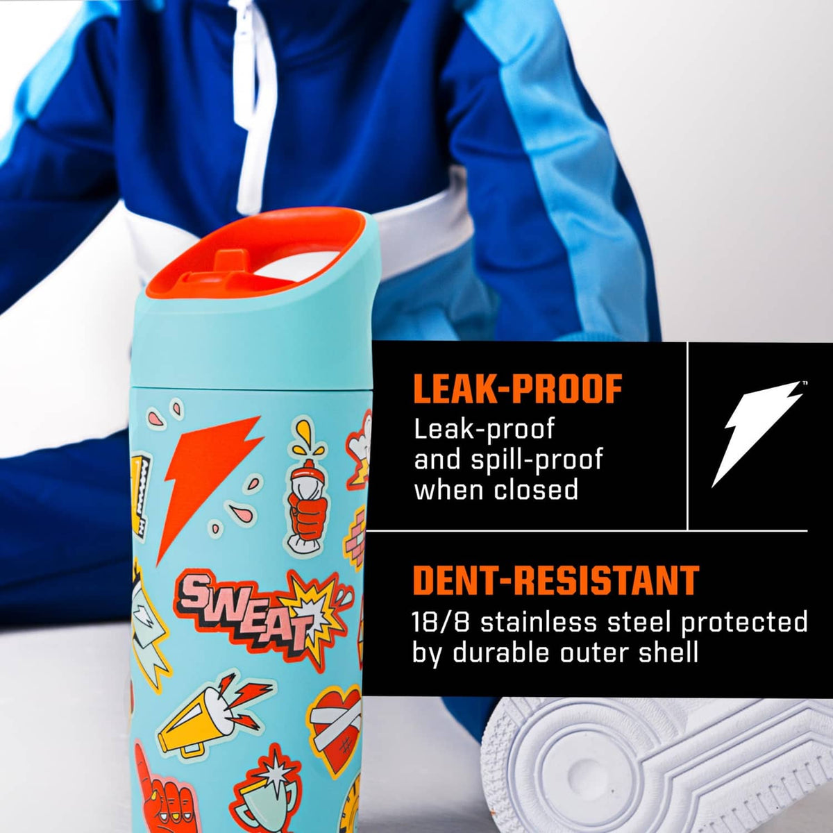 Kids teal 12oz metal water bottle with orange leak-proof flip straw cap