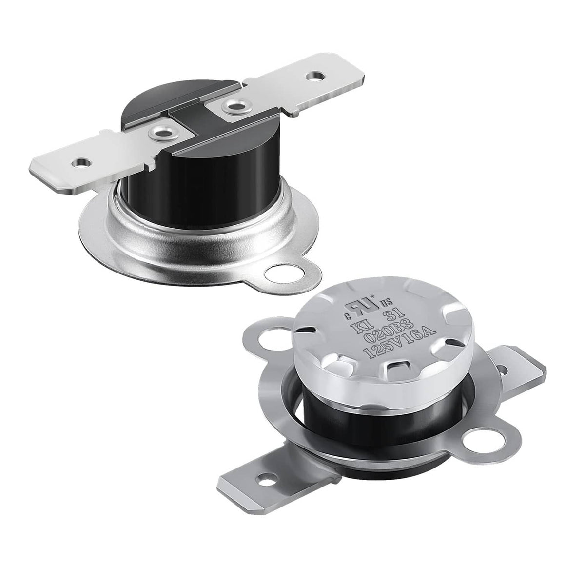 Thermal switch with black housing and silver metal mounting tabs