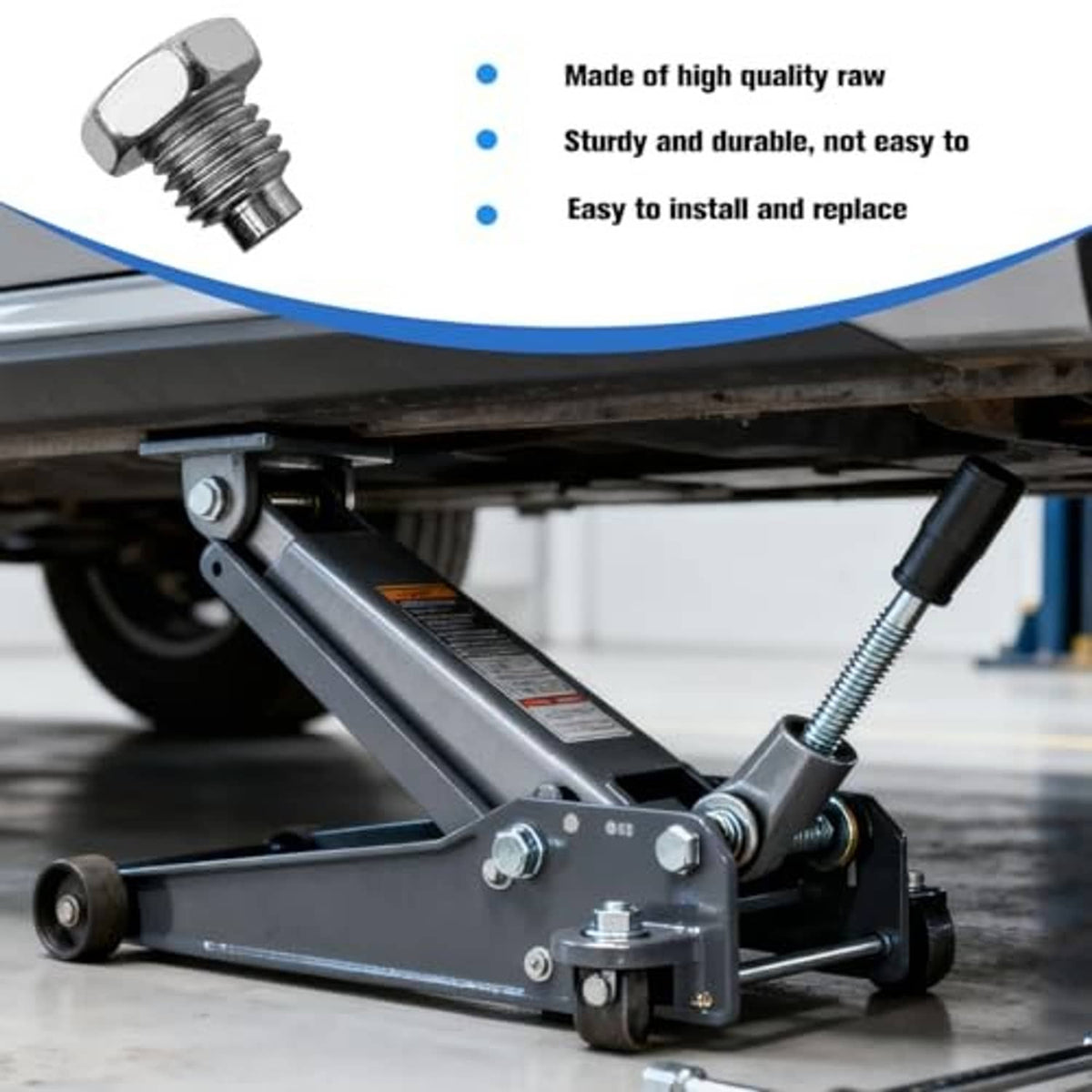 Floor jack handle bolt installed, silver hex screw on gray jack frame