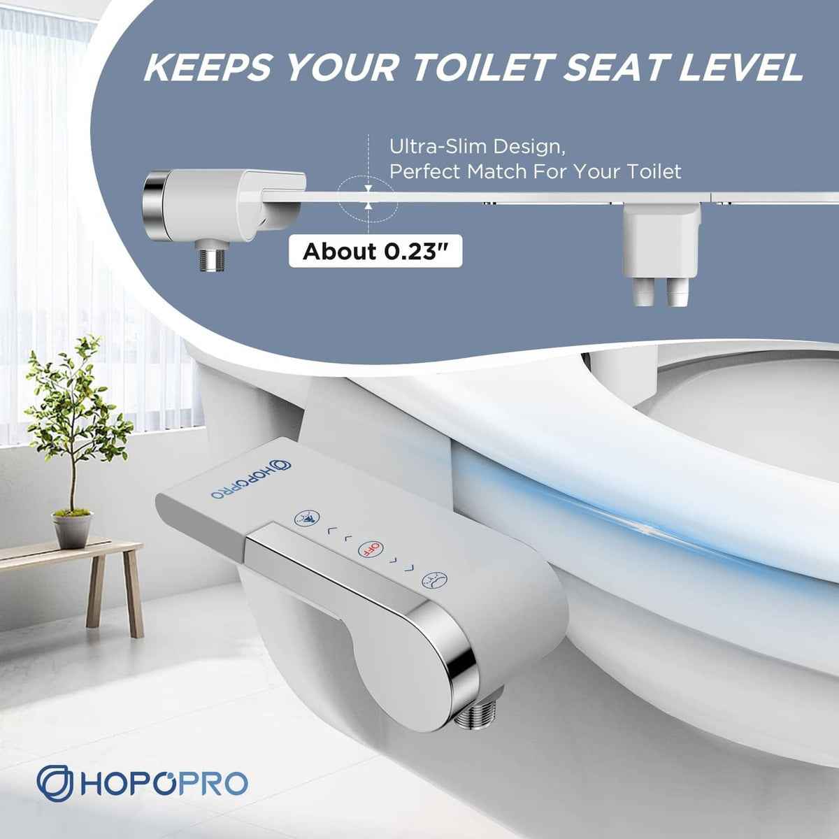 White slim non-electric bidet attachment with side control buttons and water connector