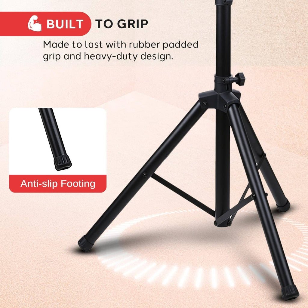 Black tripod TV stand with anti-slip rubber feet and padded grip, heavy-duty